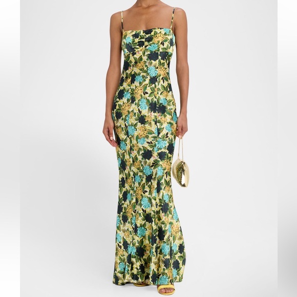 Saloni Renee Long Floral Silk Spaghetti-Strap Dress - Picture 1 of 5